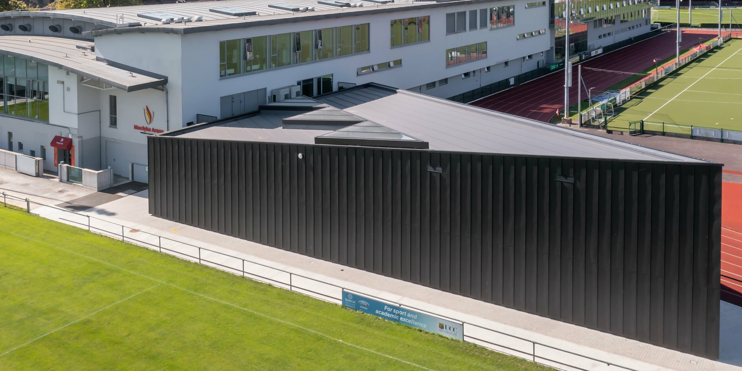 Bird's eye view of the Mardyke Arena at University College Cork with a building envelope made of PREFALZ P.10 Black