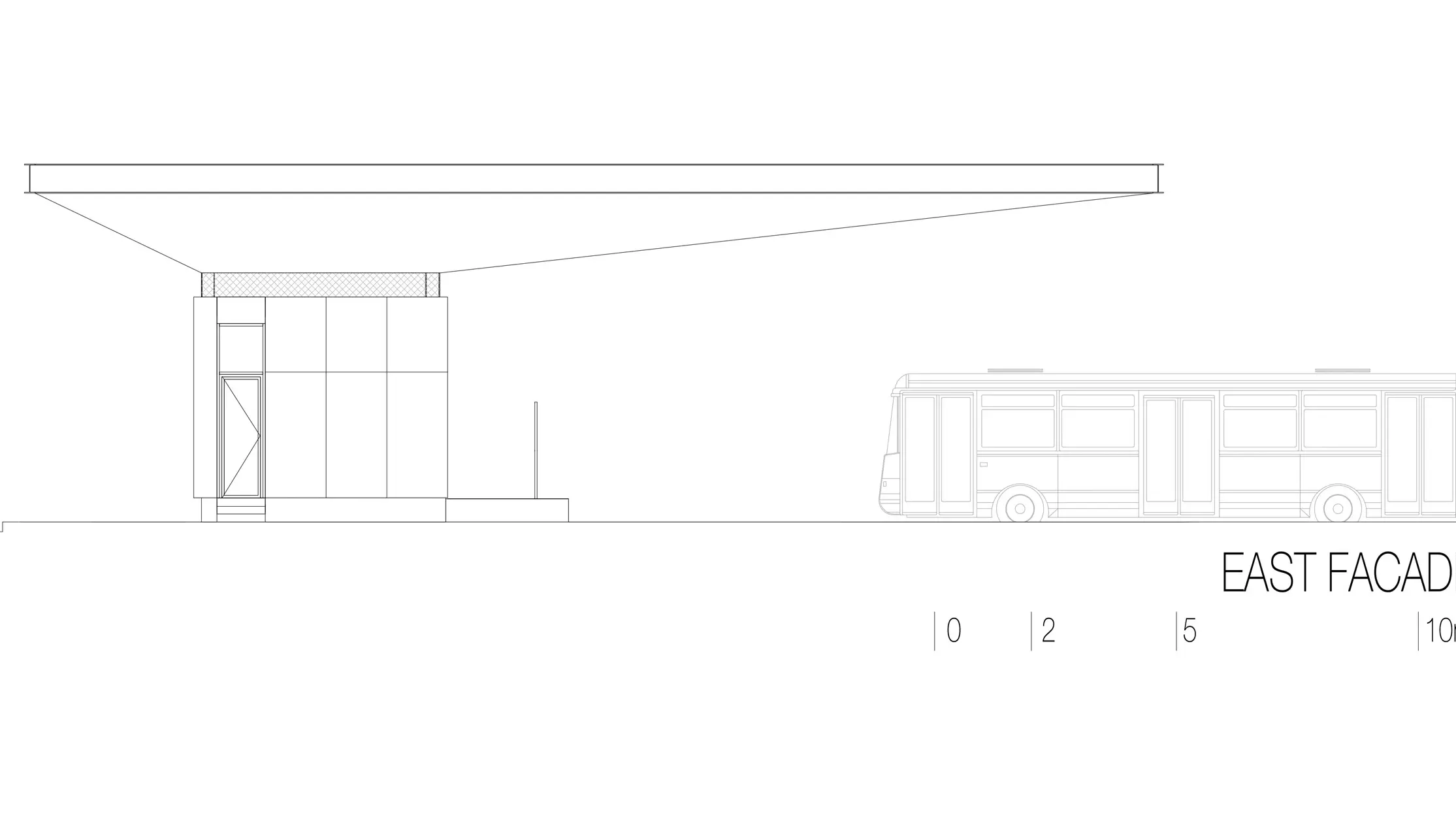 The drawing shows the eastern view of the "Autobusni Kolodvor Slavonski Brod" bus stop in Croatia. The illustration emphasises the slender, horizontal structure of the white PREFA Prefalz roof, which extends over the entire length of the building. Under the roof is a rectangular structure with clear lines and large glass surfaces. A bus can be seen on the right-hand side of the drawing, which emphasises the proportions of the bus stop in relation to a vehicle. The eastern view highlights the modern and functional architecture of the bus stop, which creates a bright and inviting atmosphere through the use of glass and aluminium.