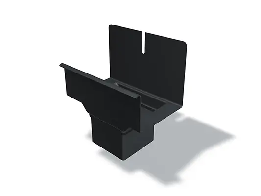 PREFA square downpipe outlet, available in sizes 80/250, 80/333, 100/333 and 100/400 mm, is used for the effective collection and drainage of rainwater in roof drainage systems.