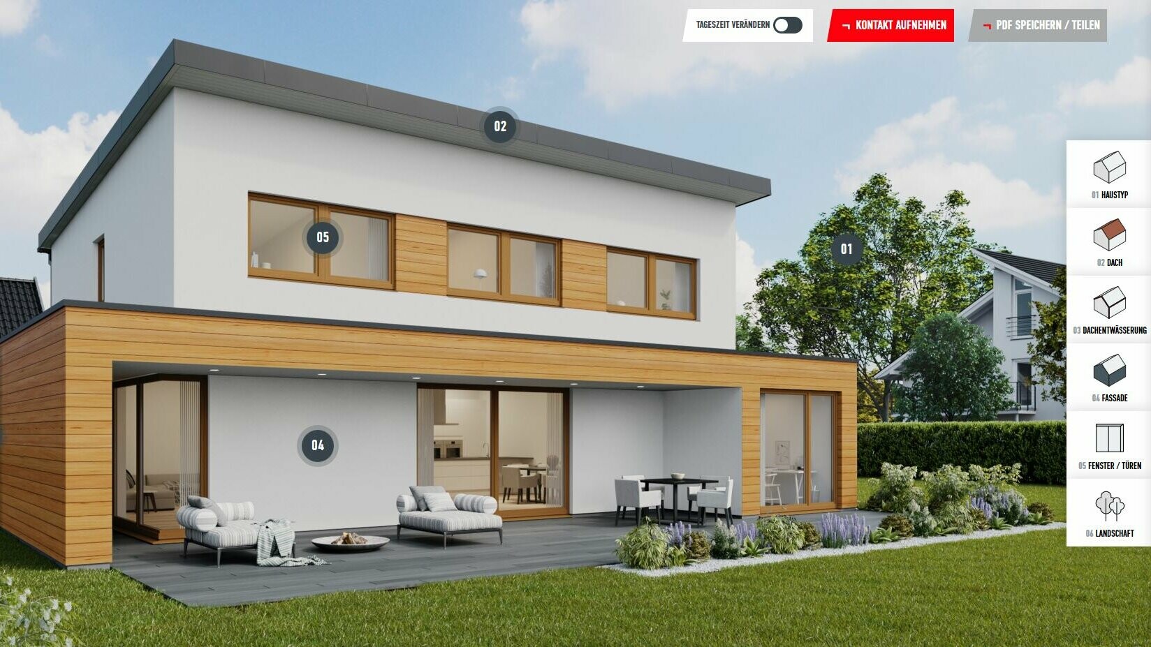 Example of a configuration view of the detached house with mono-pitched roof in the colour P.10 black including wooden elements on the façade. The house is located in the settlement area of a suburb