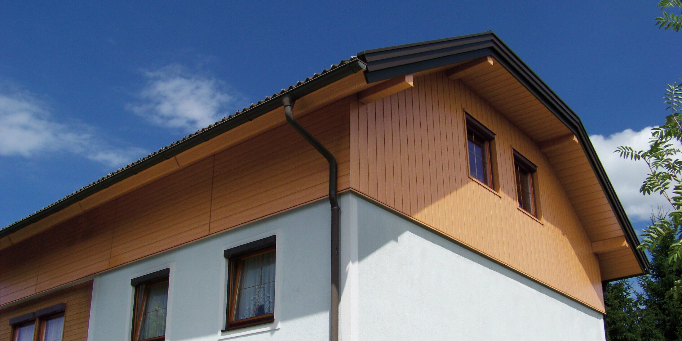 Large detached house with half-hipped roof and gable cladding using PREFA sidings in wood effect (natural oak colour)