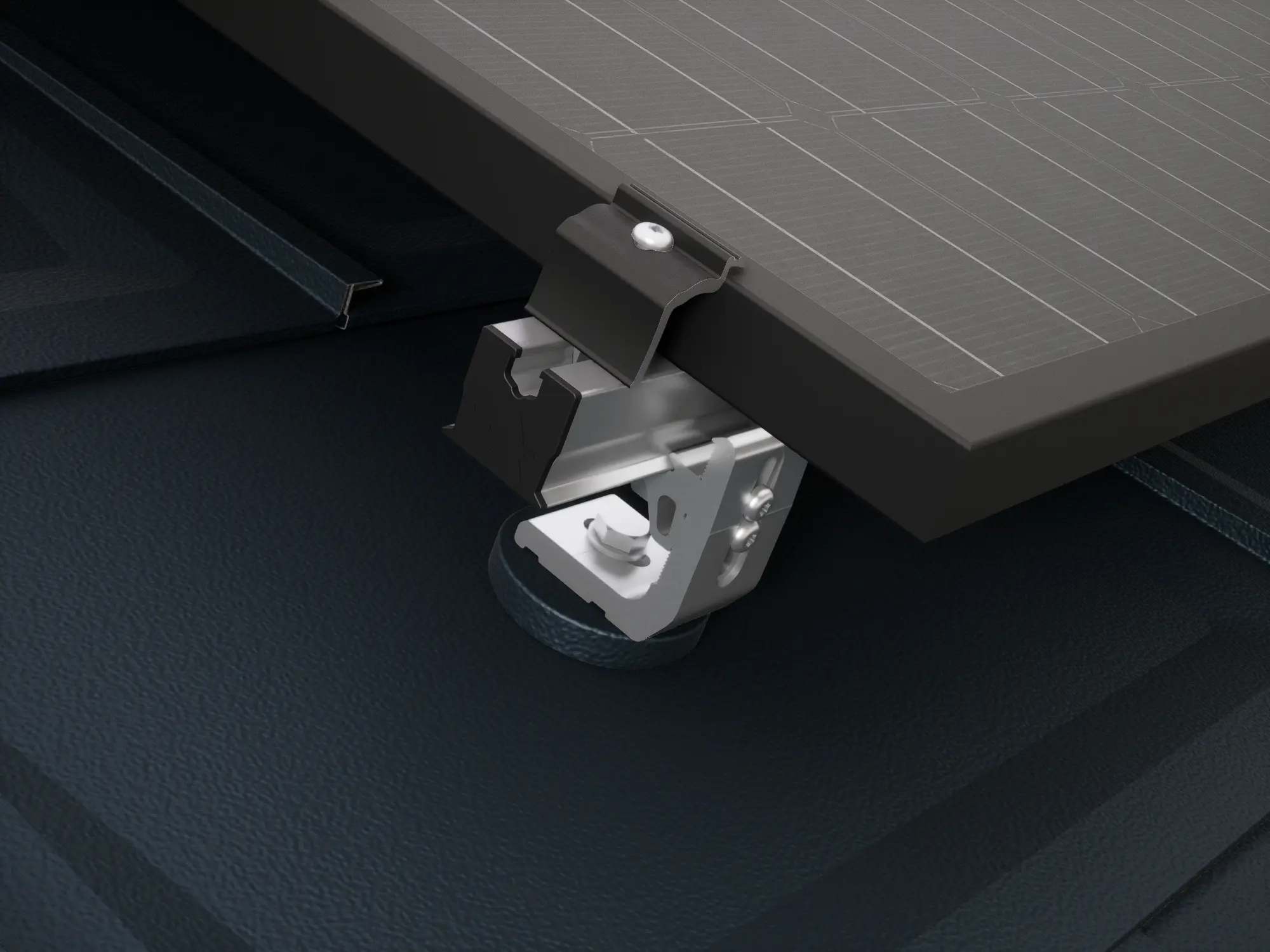 Detailansicht des Solarmodul-Montagesystems PREVARIO 3.S von PREFA. Unterhalb des Montagesystems befindet sich ein Aluminiumdach aus schwarzen PREFA R.16 Dachplatten. Die innovative PV-Montagelösung ist für alle PREFA Dächer geeignet und ermöglicht die einfache und sichere Befestigung von Photovoltaikmodulen – bei Bedarf ohne Bohren ins Dach.